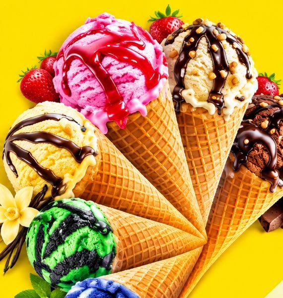 Waffle cones with strawberry, vanilla, chocolate and blueberry scoops