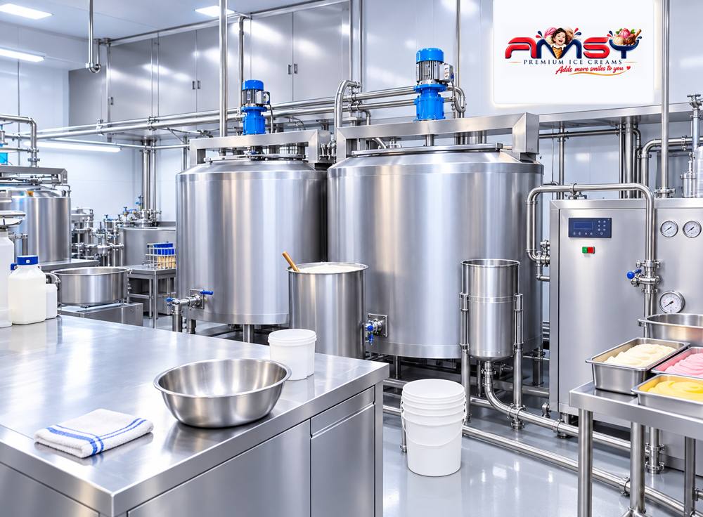 Stainless steel ice cream processing tanks in a clean AMSY production room