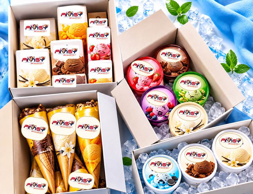 Open boxes of AMSY cartons, cones and tubs packed on ice for delivery