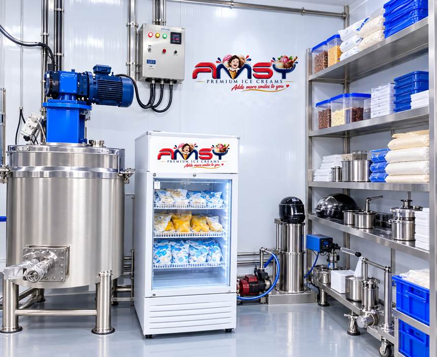 Clean AMSY production room with a stainless steel mixing tank and shelves of ingredients