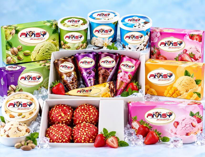 AMSY tubs, cartons, cones and treats in many flavours arranged together