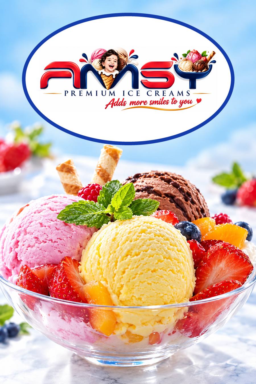 AMSY Premium Ice Creams logo above a glass bowl of pink, vanilla and chocolate scoops with fresh fruit