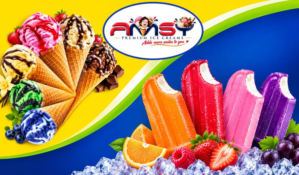 AMSY logo between waffle cones and fruit ice lollies on ice