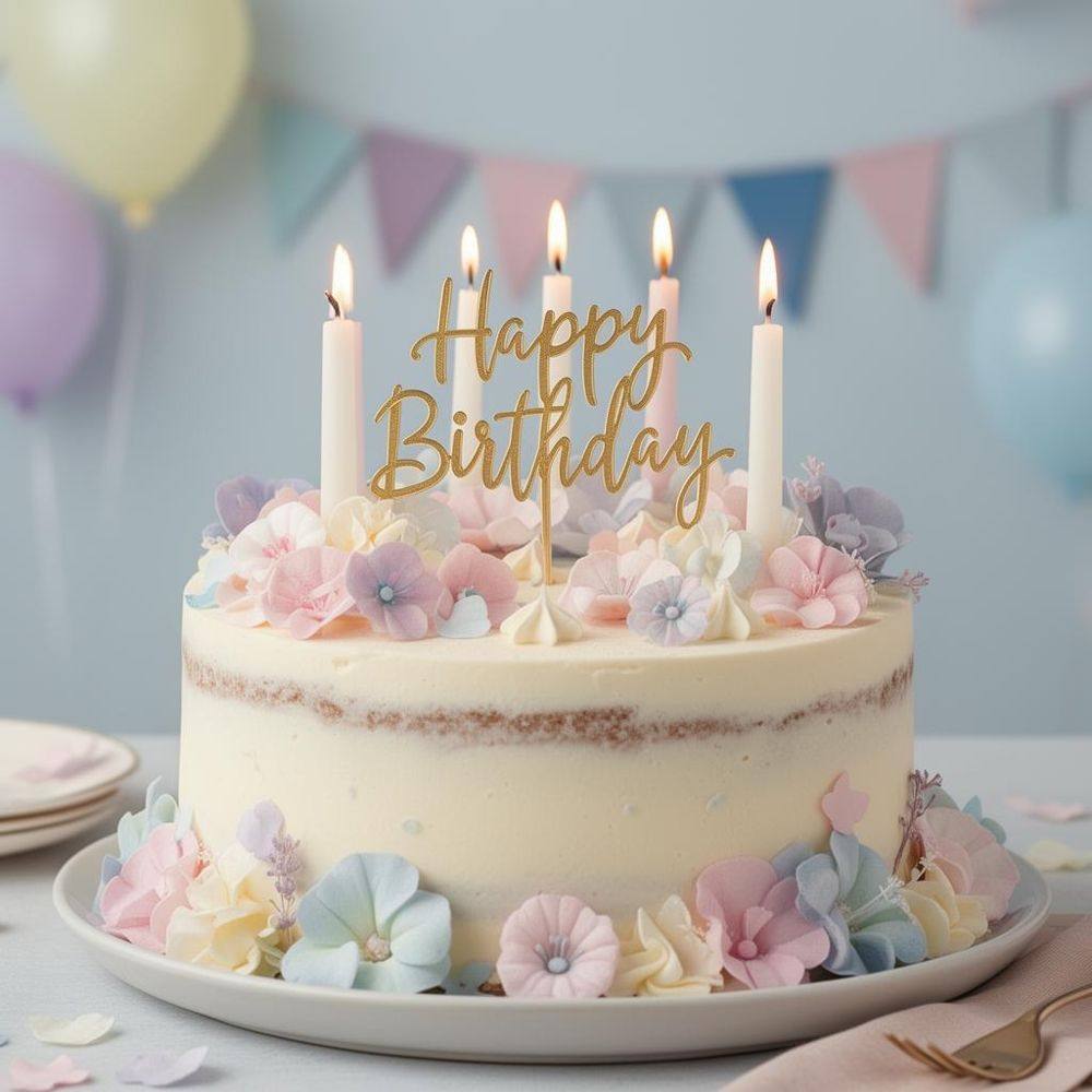 Pastel birthday cake with candles and sugar flowers