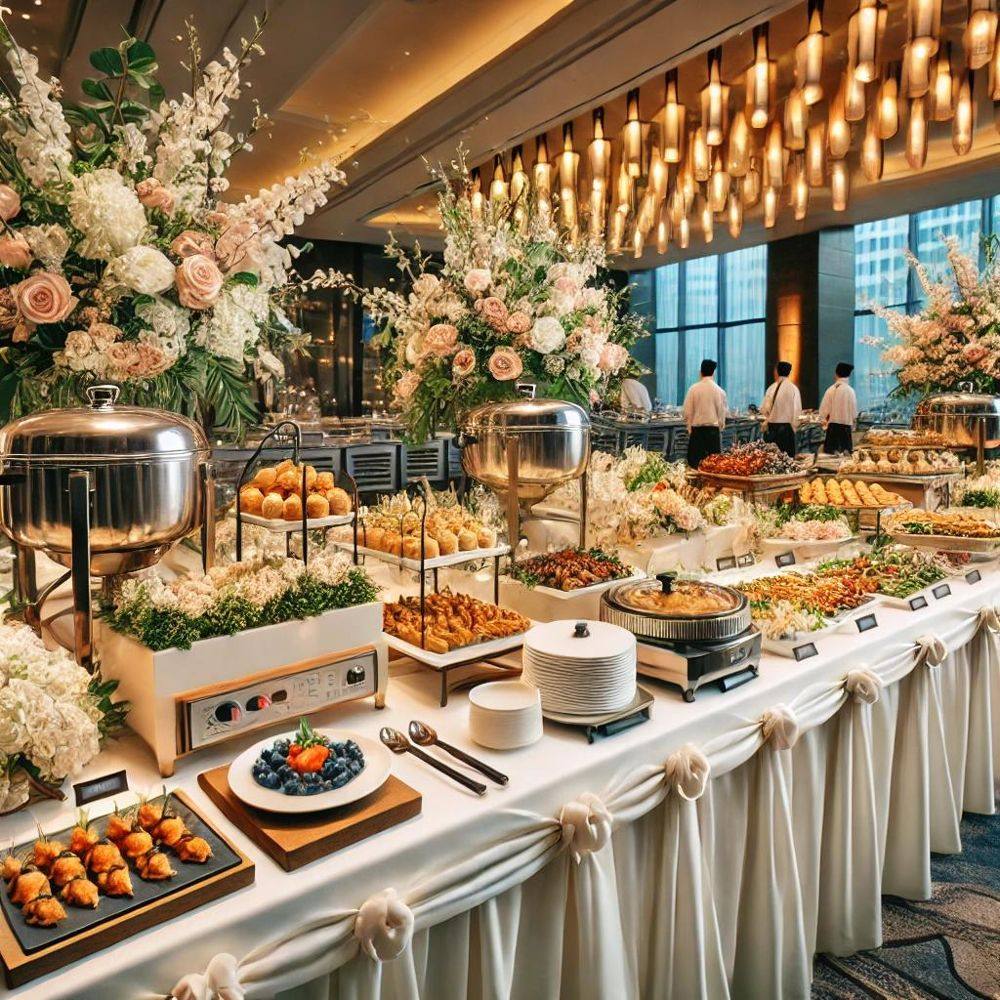 Elegant catering buffet with flowers and chafing dishes