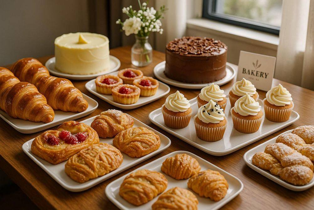 Table of fresh pastries, cupcakes and cakes by a sunny window