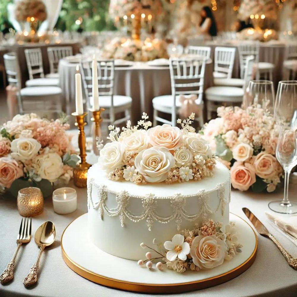 White tiered celebration cake with roses on a decorated wedding table