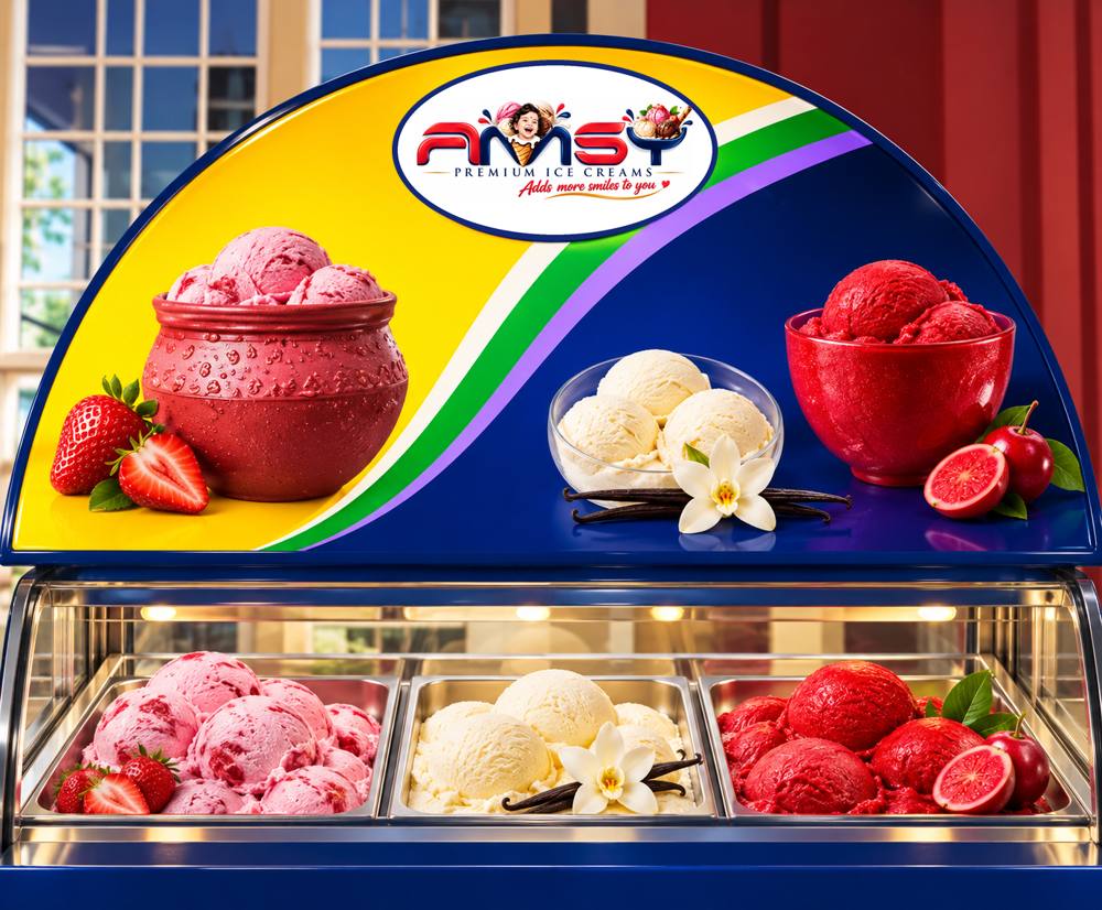 An AMSY display of strawberry, vanilla and red fruit ice cream scoops for sharing