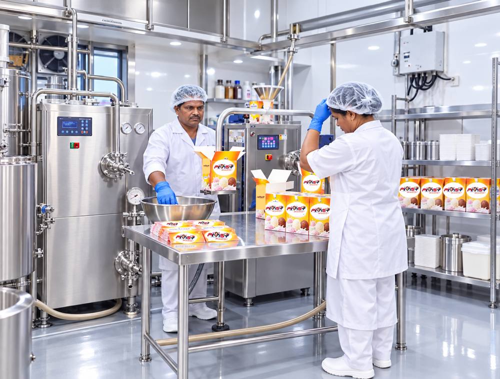 Two production team members in clean food-safe uniforms packing AMSY ice cream cartons