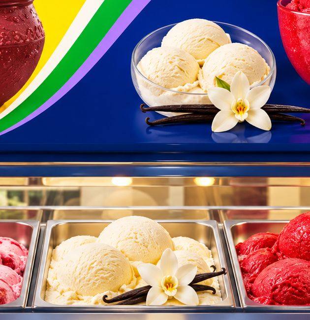 Vanilla ice cream scoops with vanilla pods and a vanilla flower